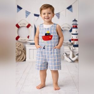 Vintage Parisian BeeBee 24M Nautical Jon Jon Romper Tugboat Applique Blue Plaid